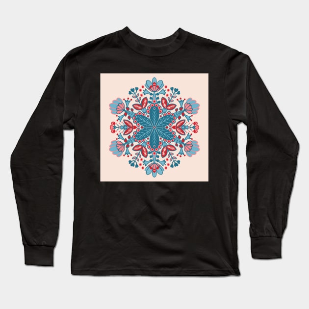 Blue, Pink and Red Mandala Snowflake Pattern Long Sleeve T-Shirt by NattyDesigns